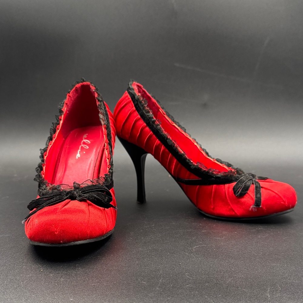 Ellie Red Satin Heels with Black Trim and Bow